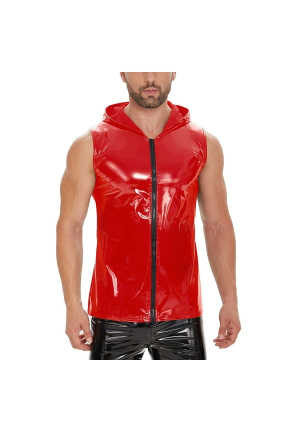 Men's Fashion Outerwear Vest Hooded Sleeveless Reflective Leather Stylish Shine Jacket for Casual Wear