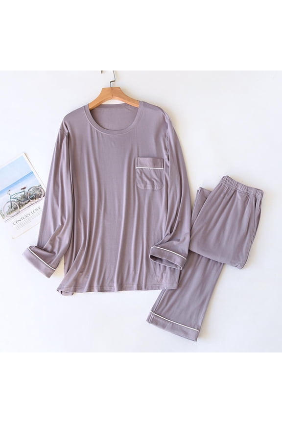 Men's Fashion Pajamas Set Long Sleeve Cotton Poly Blend Relaxed Roundneck Sleepwear for Home