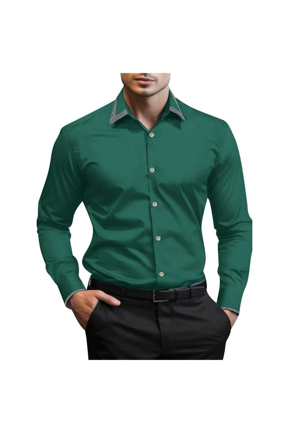 Men's Fashion Patchwork Dress Shirt Stretch Slim Fitted Long Sleeve Business Wedding Button Down Shirts Army Green XL