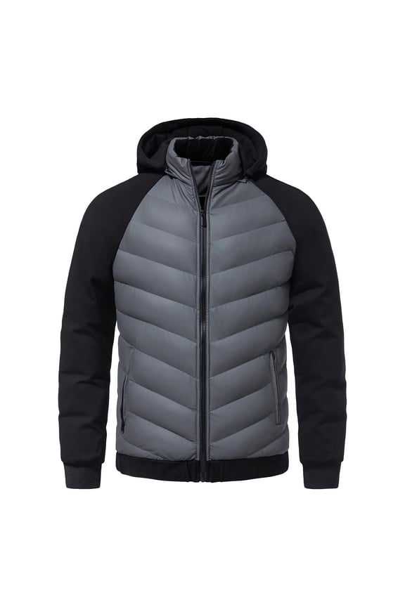 Men's Fashion Patchwork Quilted Coats Full Zip Winter Puffer Jacket Outdoor Hooded Casual Insulated Outerwear