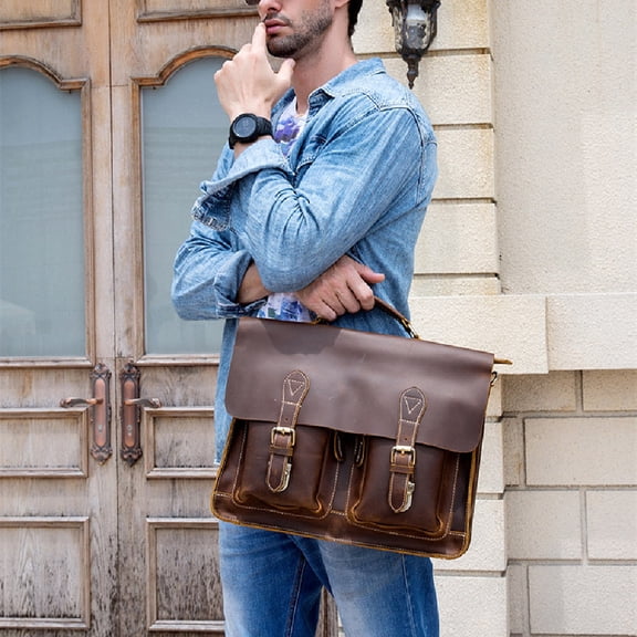 Men's Fashion Personality Leather Retro Portable Briefcase,42cm dark brown