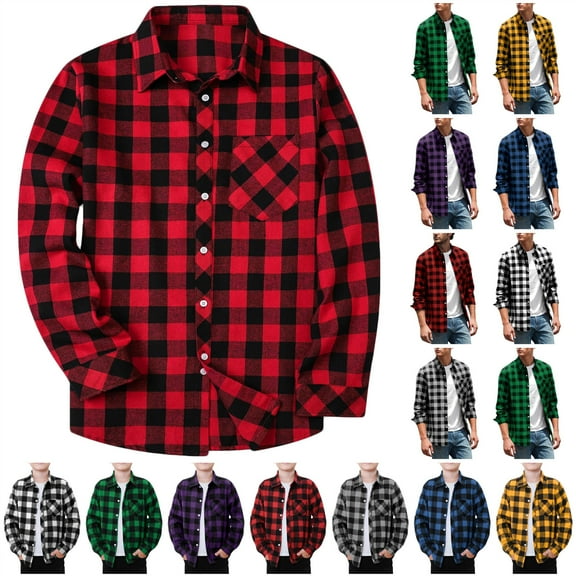BiZtdJrK Men's Fashion Plaid Shirts Long Sleeve Button up Blouse Casual Turndown Shacket Jackets with Pockets Fashion Clothes, Red, L