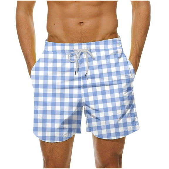 Men's Fashion Plaid Swim Trunks Quick Dry Drawstring Elastic Waist Beach Swimming Shorts with Pockets