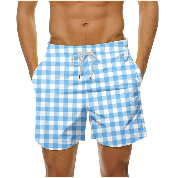 Men's Fashion Plaid Swim Trunks Quick Dry Drawstring Elastic Waist Beach Swimming Shorts with Pockets