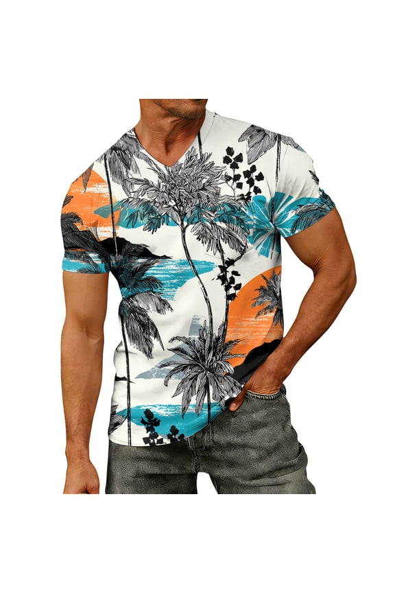 Men's Fashion Printed V-Neck Short Sleeve T-Shirt – Hawaiian Mixed Color Effect Print for Stylish Summer Casual Wear,White,L