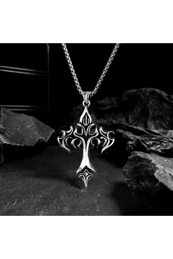 Men's Fashion Punk Flame Cross Pendant Chain Necklace for Women Male Long Chain 14K White Gold Hip Hop Rock Gothic Jewelry Gift