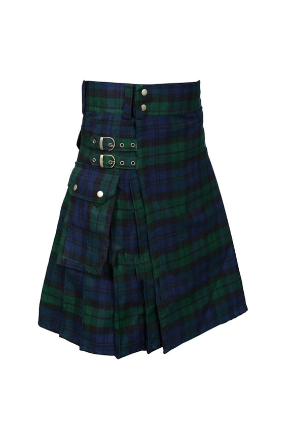 Men's Fashion Scottish Style Plaid Contrast Color Pocket Pleated Skirt Kilt,Green,XXXL
