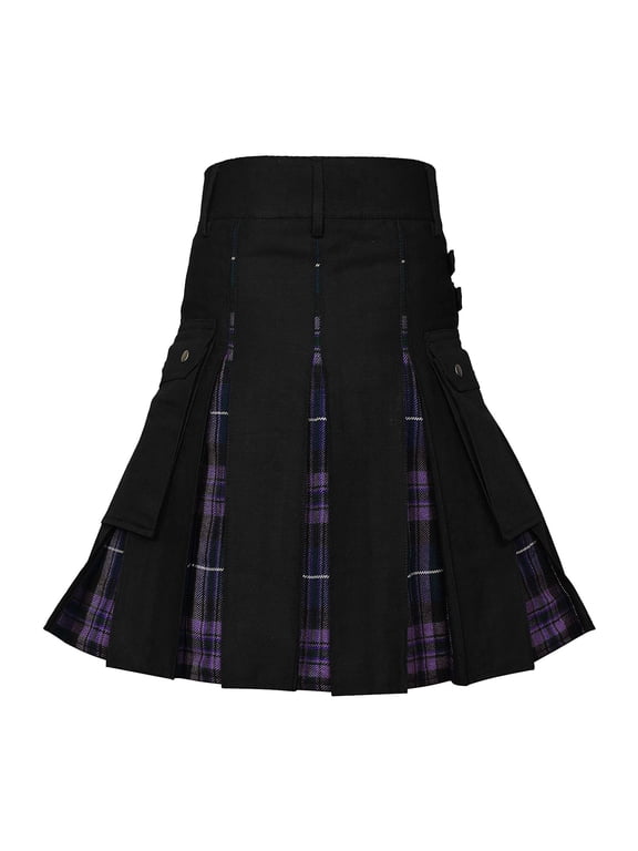 Men's Fashion Scottish Style Plaid Contrast Color Pocket Pleated Skirt Kilt,Purple,L