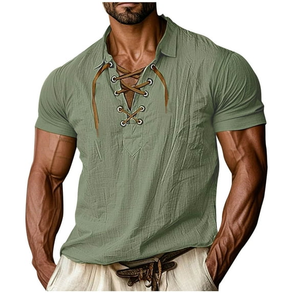 Men's Fashion Shirt Short Sleeve Beach V-Neck Drawstring Printing Yoga African Summer Top