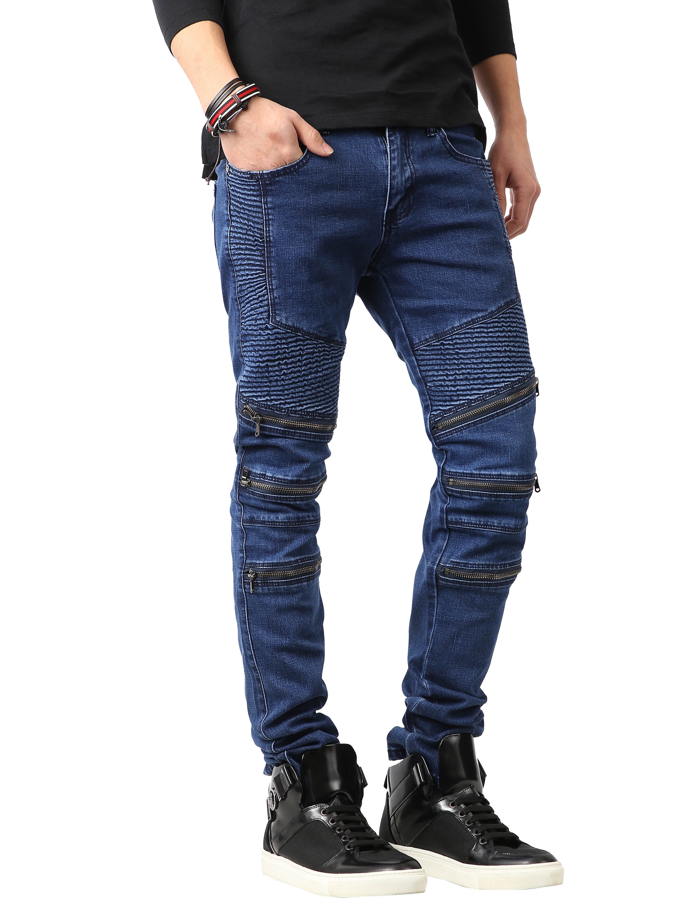 Men's Fashion Slim Fit Distressed Ripped Zipper Stretch Biker Jeans Denim  Pants