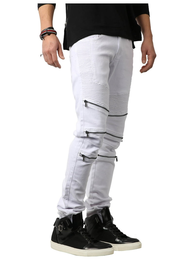 Men's Fashion Slim Fit Distressed Ripped Zipper Stretch Biker
