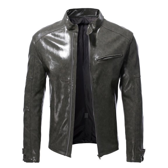 Men's Fashion Slim Leather Jacket Stand Collar Zipper Pocket Jacket Coat Size:3XL