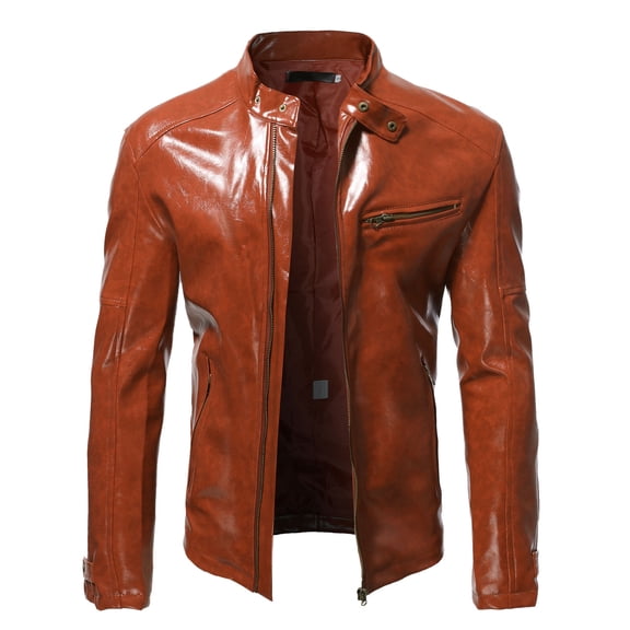 Men's Fashion Slim Leather Jacket Stand Collar Zipper Pocket Jacket Coat Size:L