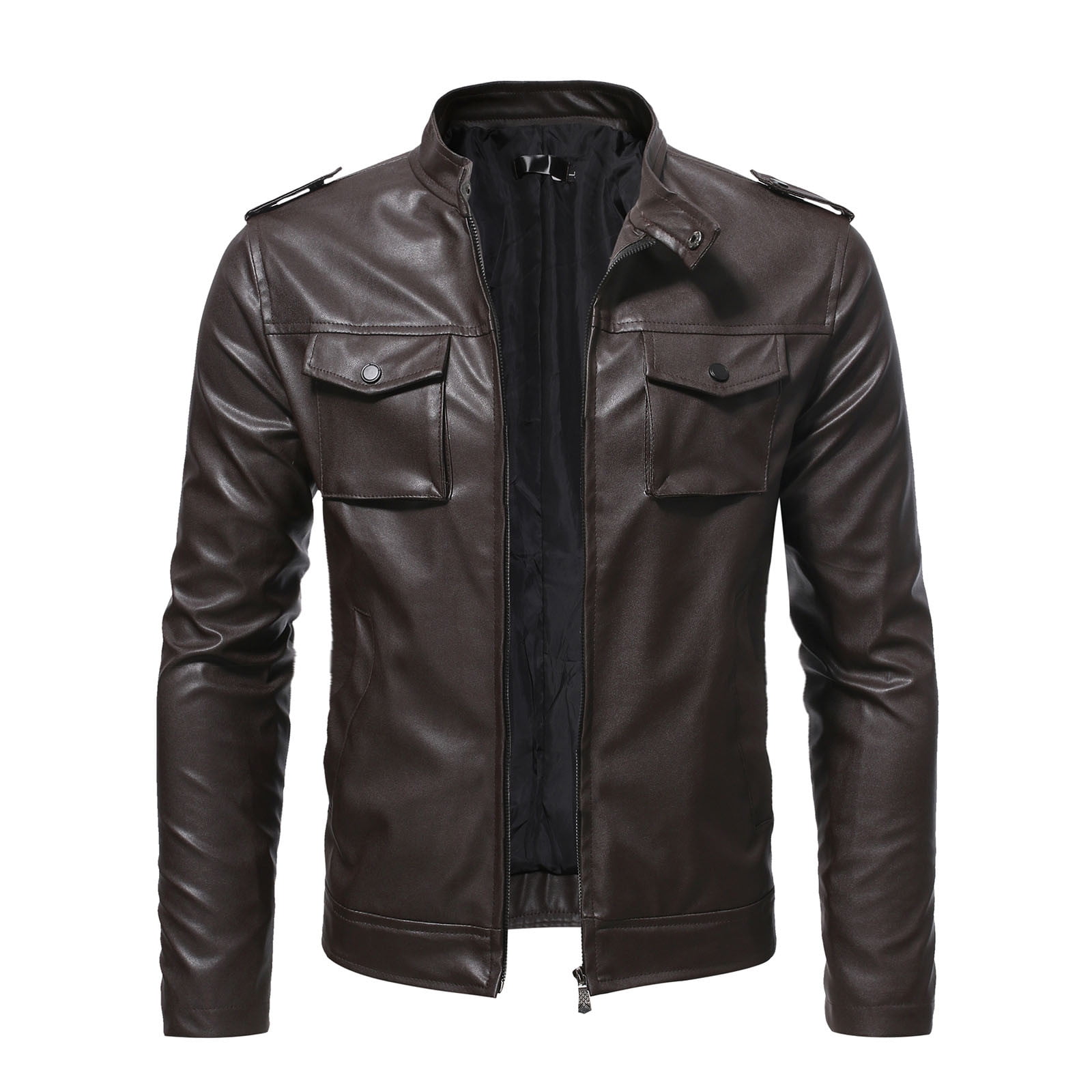 Men's Fashion Slim Leather Jacket Stand Collar Zipper Pocket Short