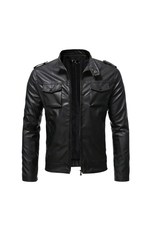 Men's Fashion Slim Leather Jacket Stand Collar Zipper Pocket Short Jacket Coat