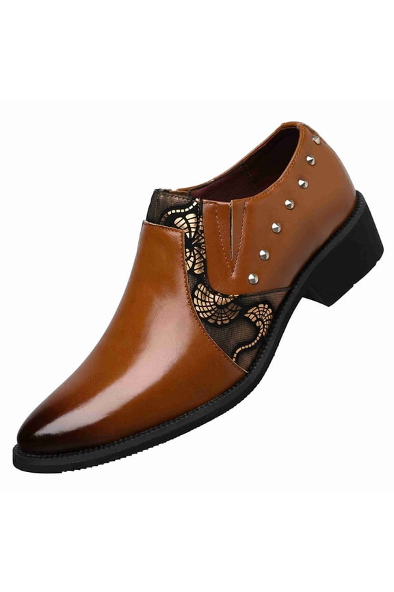 Men's Fashion Slip-On Dress Shoes with Rivet & Patterned Detail - Pointed Toe Casual Loafers for Party, Club & Business