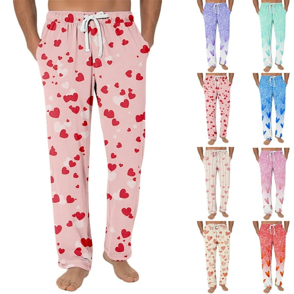 Men's Fashion Small Heart Print Casual Pants, Drawstring Elastic Waist Lounge Trousers for Valentine's Day Gift and Home,Pink,S