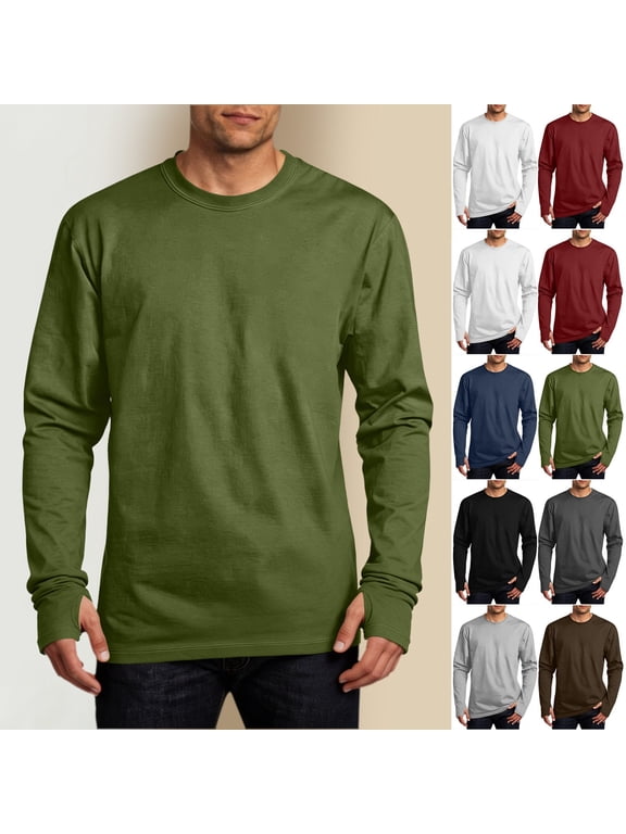 Men's Fashion Solid Color Long Sleeve Casual T-Shirt Blouses Crewneck Open Finger Tops Quick Dry Breathable Polyester Blend Gym Workout Hiking Travel Essentials | JASKFLY,Black S