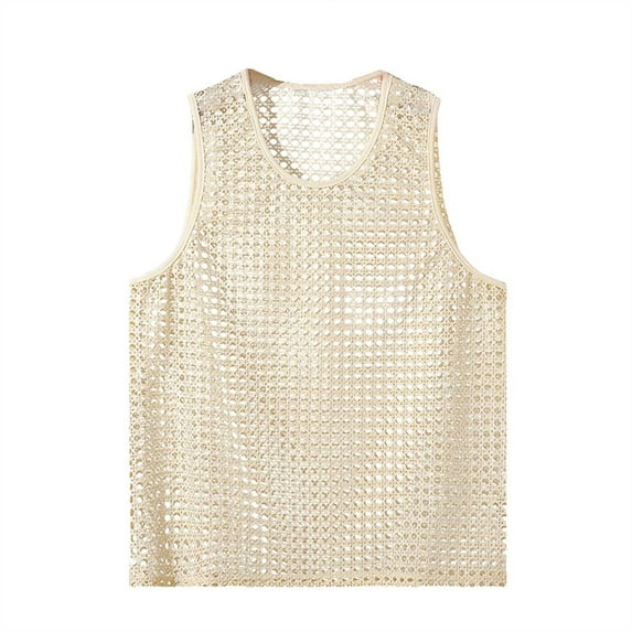 Men's Fashion Solid Color Mesh Knitted Tank Top Breathable Summer Vest Comfortable Casual Sleeveless Shirt Lightweight Athletic Gym Wear Men's Oversized Tshirts Workout T-Shirt