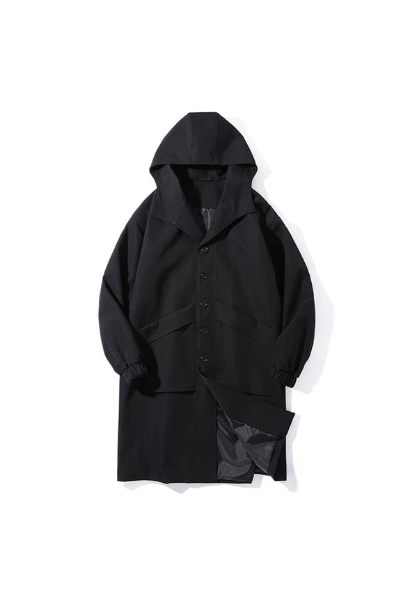 Men's Fashion Solid Color Mid Length Button Up Hooded Casual Pocket Long Sleeved Windbreaker Jacket