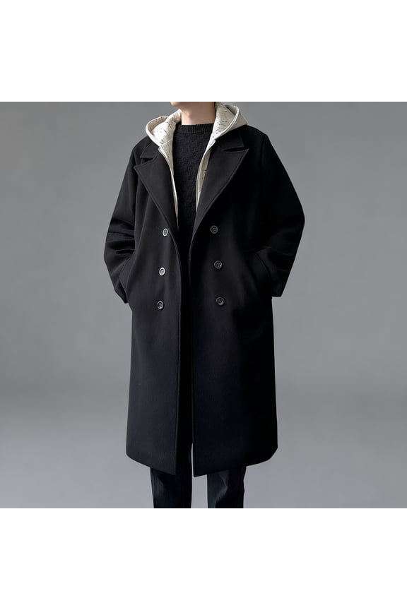 Men's Fashion Solid Color Mid Length Button Up Hooded Casual Pocket Long Sleeved Windbreaker Jacket