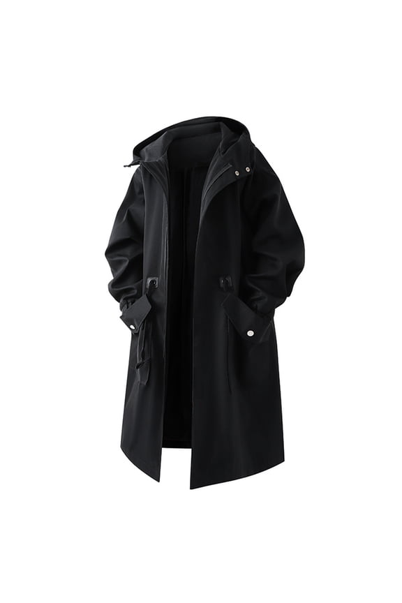 Men's Fashion Solid Color Mid Length Up Hooded Casual Pocket Long Sleeved Windbreaker Jacket