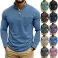 thumbnail image 1 of Men's Fashion Solid Color Retro Casual Washed Quarter Zipper Pocket Long Sleeve T-Shirt, Polo Style Top for Daily Wear, Casual Outings and Weekend Style,Coffee,M, 1 of 5