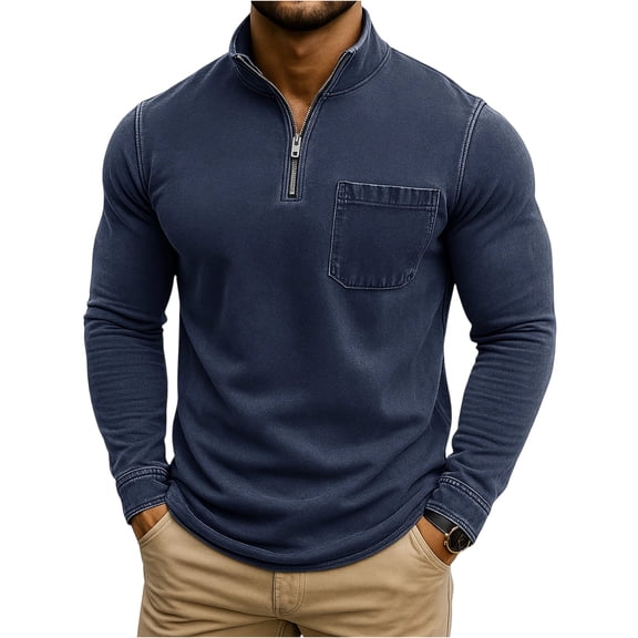 Men's Fashion Solid Color Retro Casual Washed Quarter Zipper Pocket Long Sleeve T-Shirt Polo Top, Vintage Style for Men's Casual and Sporty Looks,Navy,S