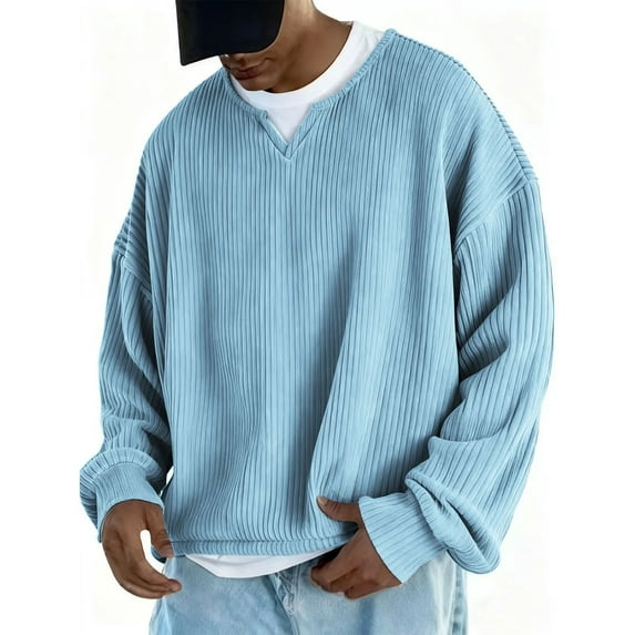 Men's Fashion Solid Color Round Neck Long Sleeve Casual T-Shirt Top, Autumn Home Wear Essential, Loose and Comfortable for Men's Relaxed Outfits,Blue,2XL