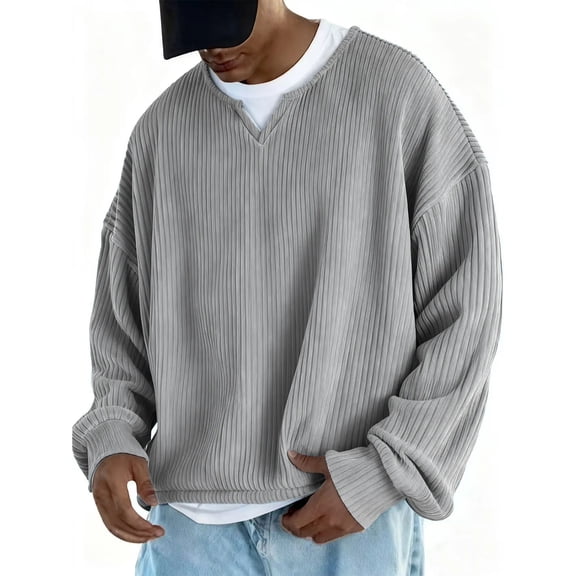 Men's Fashion Solid Color Round Neck Long Sleeve Casual T-Shirt Top, Autumn Home Wear Essential, Loose and Comfortable for Men's Relaxed Outfits,Gray,S