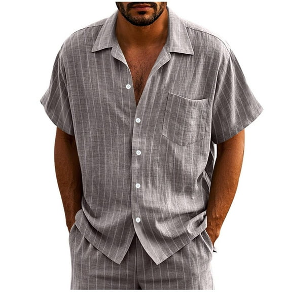 Men's Fashion Solid Color Striped Shirts Summer Casual Short Sleeve Imitation Linen Button Lapel Beach Shirts