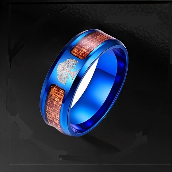 Men's Fashion Stainless Steel Minimalist Ring With Tree Engraving, 8mm Width, Simple And Elegant Design,Blue-6
