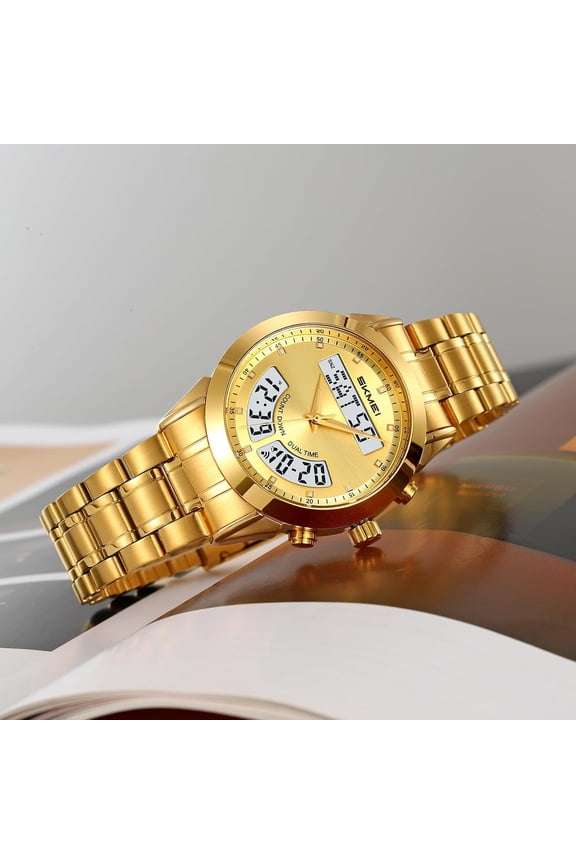 Men's Fashion Stainless Steel Round Digital Analog Quartz Watches LED Backlight Date Day Chronograph Waterproof Dress Wristwatch Black Gold Silver