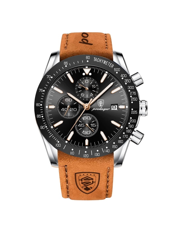 Men's Fashion Stainless Steel Watches Date Waterproof Chronograph Wristwatches,Genuine Leather Strap Waterproof Watch
