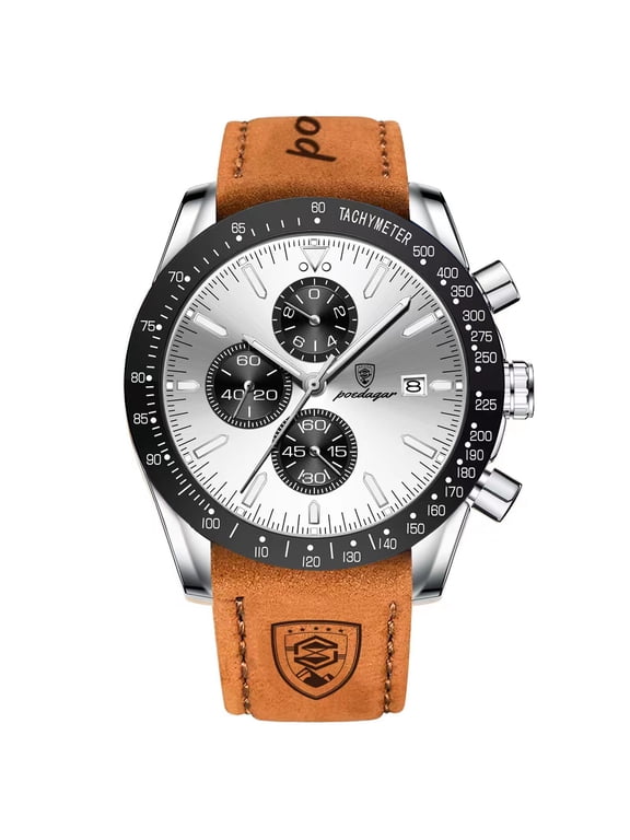 Men's Fashion Stainless Steel Watches Date Waterproof Chronograph Wristwatches,Genuine Leather Strap Waterproof Watch