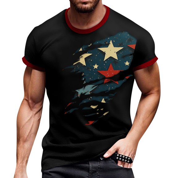 Men's Fashion Streetwear T-Shirt, Short Sleeve Casual Top with Bold Independence Day Flag Graphic for Summer ,Black L
