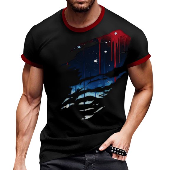 Men's Fashion Streetwear T-Shirt, Short Sleeve Casual Top with Bold Independence Day Flag Graphic for Summer ,Dark Blue S
