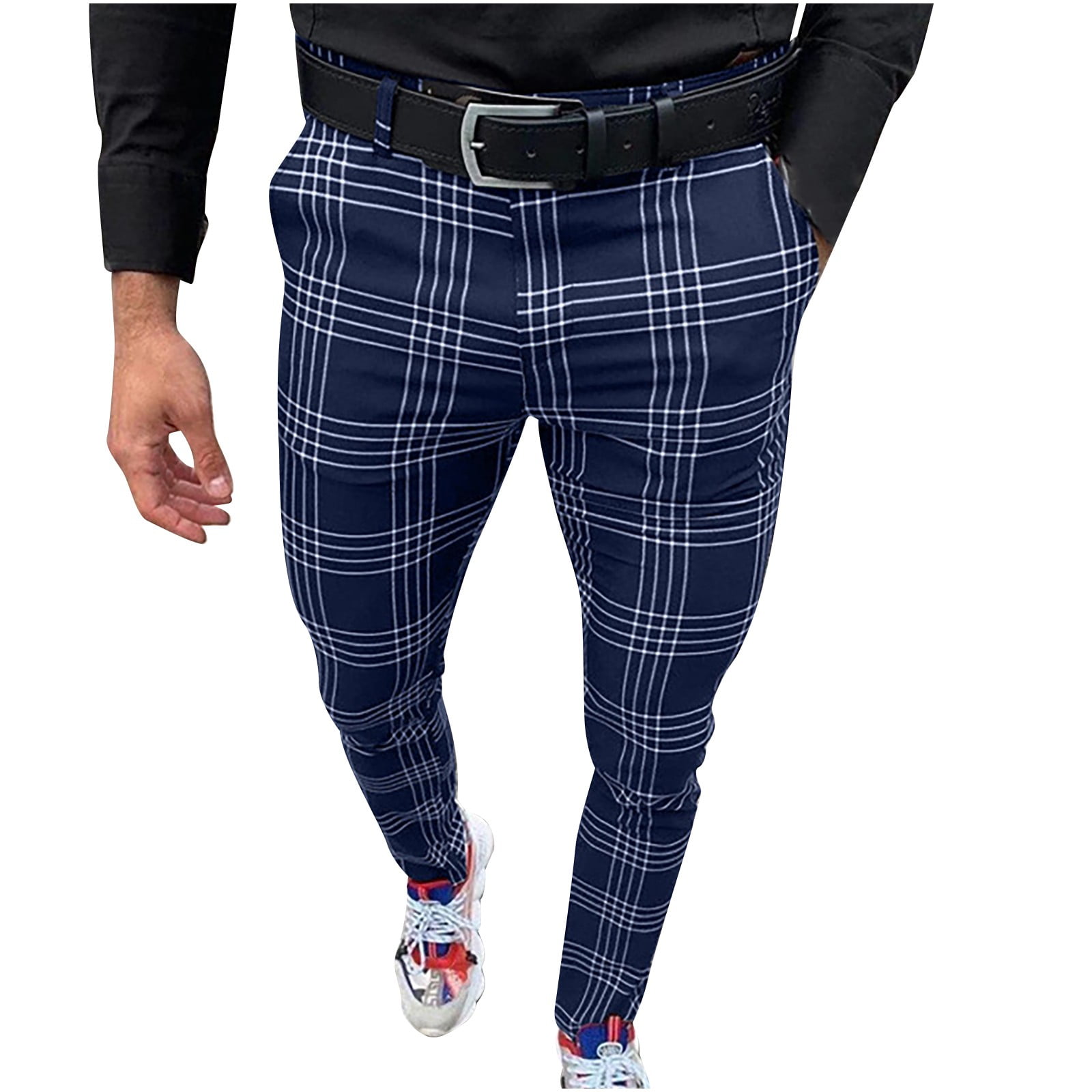 Men's Fashion Stretch Dress Pants Slim Fit Plaid Pants Business Suit Pants  Casual Golf Pants