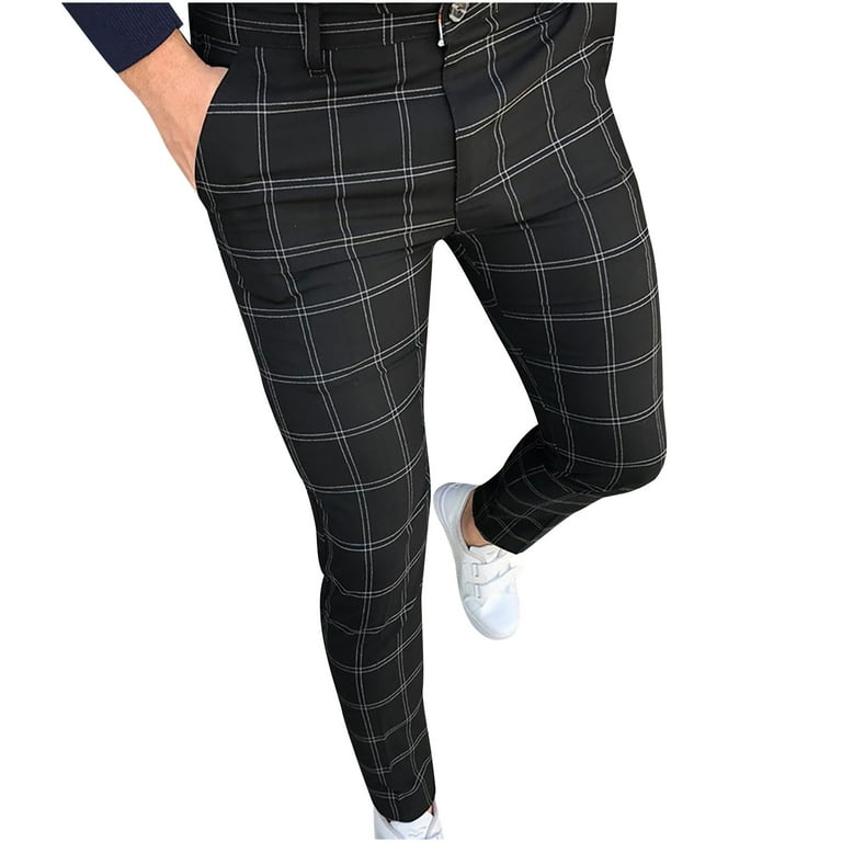 Men's Fashion Stretch Dress Pants Slim Fit Plaid Pants Business