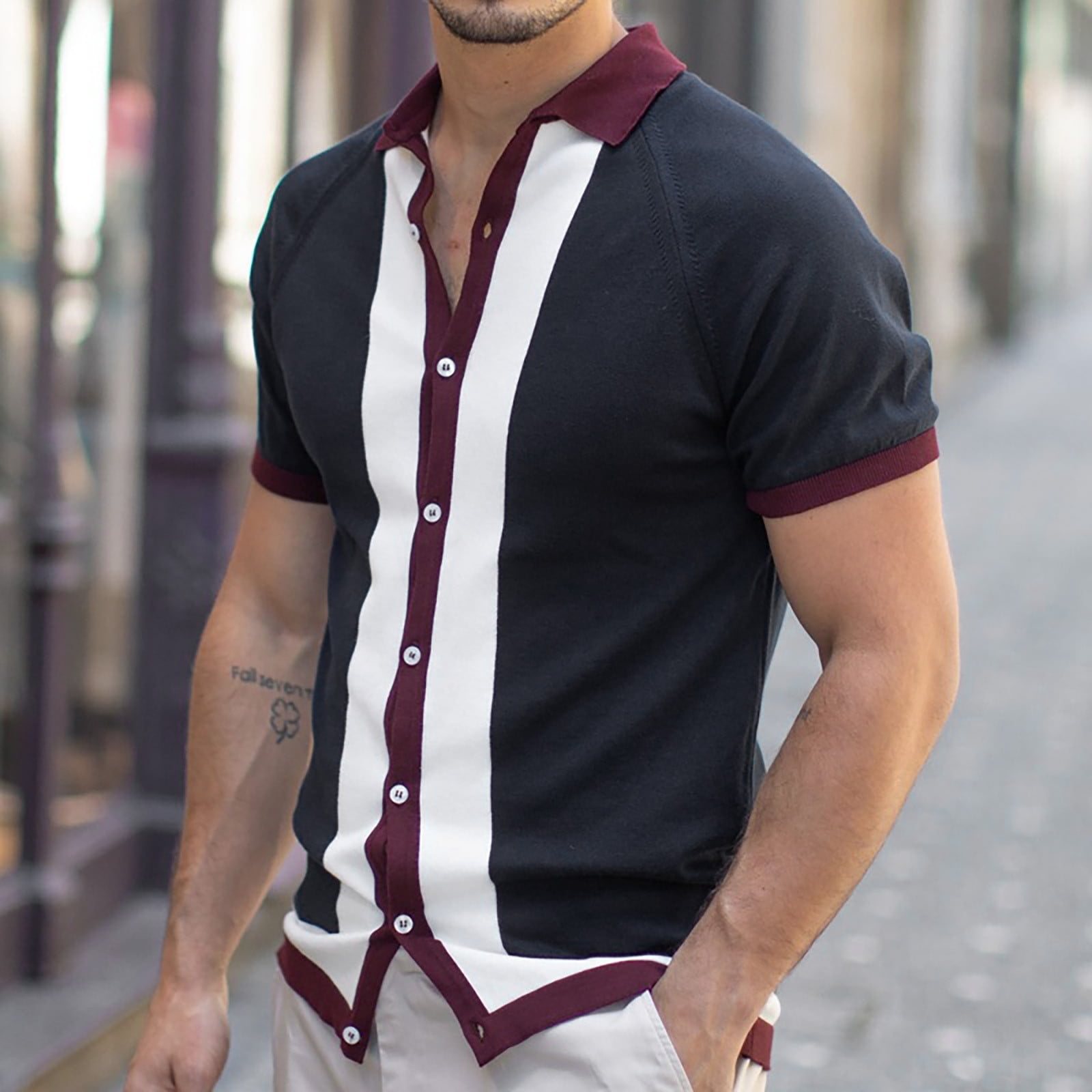 Men\'s Fashion Stripe Button Down Knit Polo Shirts Contrast Color Lapel  Short Sleeve Vintage Cardigans Blouse Tops