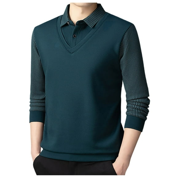 Men's Fashion Striped Sweater Coat Long Sleeve Collared Two Piece Top for Casual Business Attire Men Casual Dress Sweater Long Sleeve Hoodie Mens Long Hooded Sweatshirt