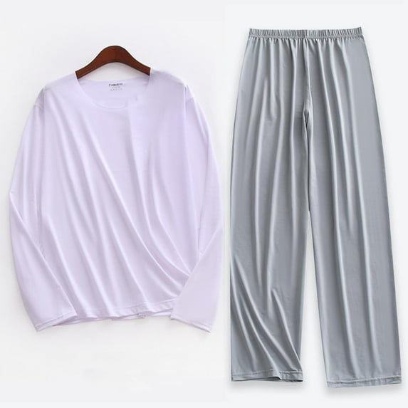 Men's Fashion Summer Fall Fitness Sports Home Clothes Solid Color Long Sleeve Round Neck Set Lightweight Thin Cool Lounge Set Men Loungewear Two Piece Outfits Plain Sweatshirts Set