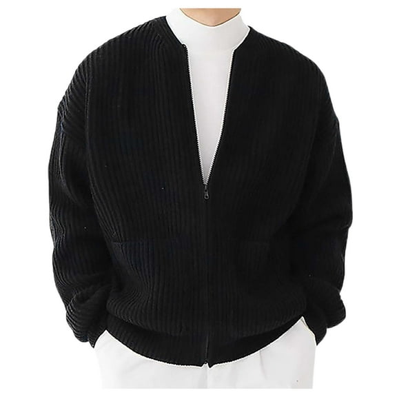 Men's Fashion Sweater Coat Fall Knit Solid Color Have Pockets Round Neck Zipper Male Long Sleeve Sweater Knitwear Coat