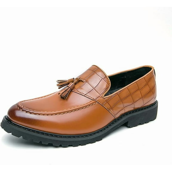 Men's Fashion Tassel Low Heel Leather Loafers Comfort Round Toe Lug Sole Slip-On Casual Shoes Business Office Non-Slip Dress Shoes
