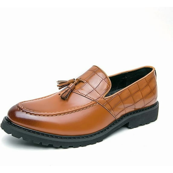 Men's Fashion Tassel Low Heel Leather Loafers Comfort Round Toe Lug Sole Slip-On Casual Shoes Business Office Non-Slip Dress Shoes