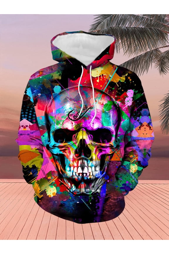 Men's Fashion Trend Personality Skull 3D Digital Print Hoodie Street Hip Hop Loose Casual Long Sleeve Top