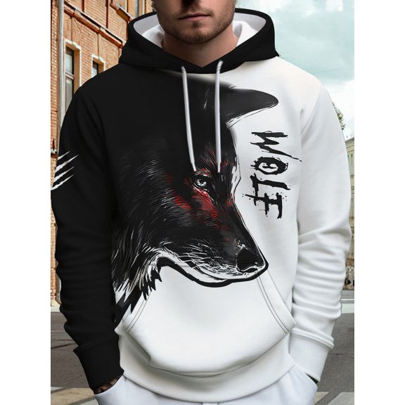 Men's Fashion Trend Wolf Head 3D Digital Print Hoodie Casual Loose Personality Animal Pattern Pullover Top Spring Autumn Youth Stylish Versatile Long Sleeve Hoodie Sports Sweatshirt