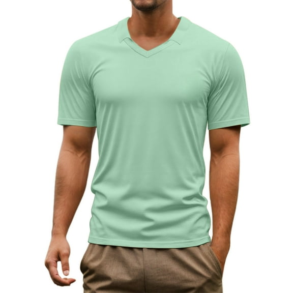 Men's Fashion V Neck Lapel Collar Short Sleeve T-Shirt Summer Casual Comfortable Breathable Oversized Tee Trendy Stylish Mens T-Shirts Solid Color Sleeve Casual Crew Neck Basic Tees