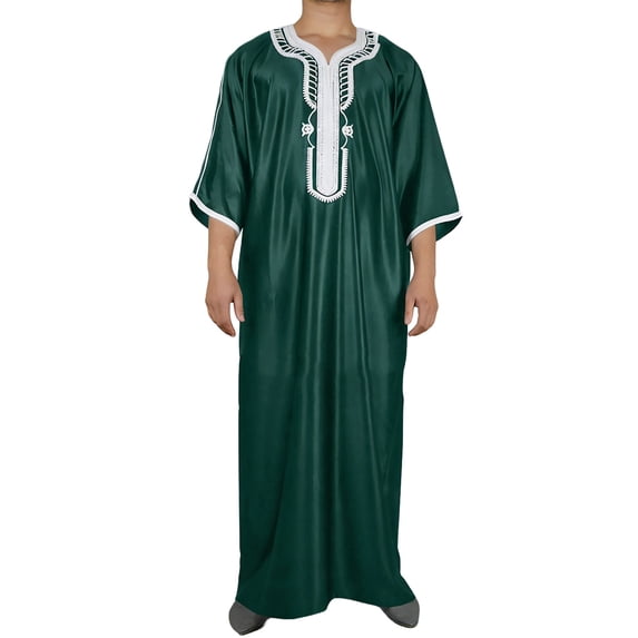 Men's Fashion V-Neck Muslim Robe Thobe Long Sleeve Pullover Style with Embroidery Casual Traditional Arabic Robe Size 4XL Green