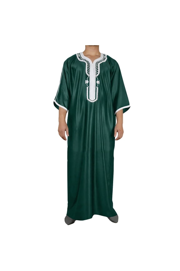 Men's Fashion V-Neck Muslim Robe Thobe Long Sleeve Pullover Style with Embroidery Casual Traditional Arabic Robe Size 4XL Green
